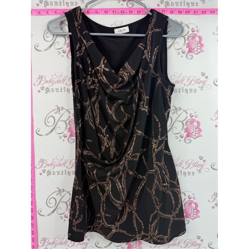 Laura tank top Black Sleeveless Drape Neck Dress with Metallic Bronze Pattern